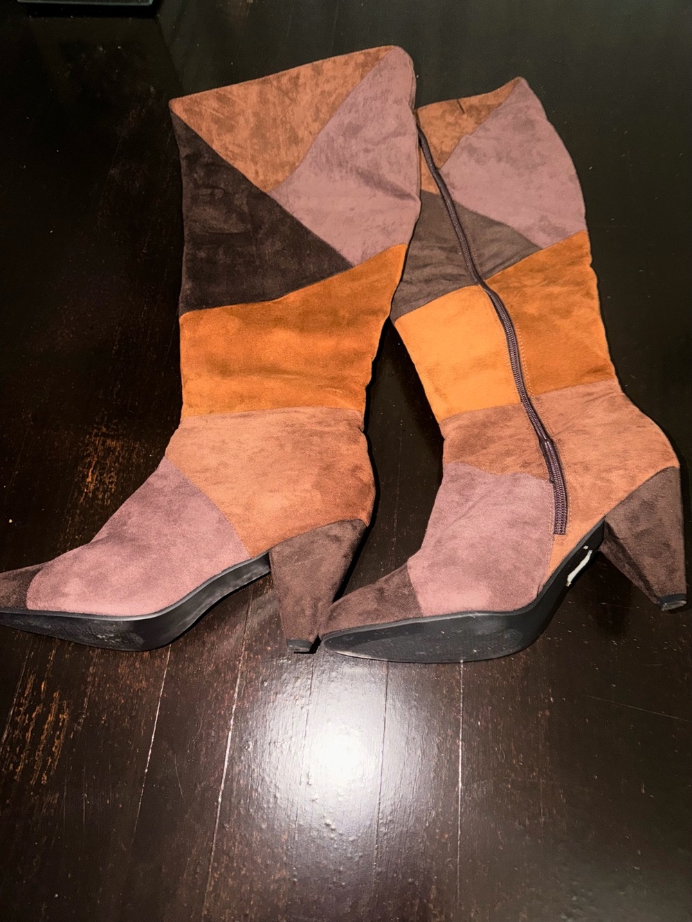 Patchwork Suede Mid-Calf Heeled Boots - Brown Multi